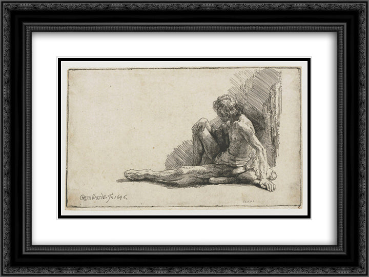 Nude man seated on the ground with one leg extended 24x18 Black Ornate Wood Framed Art Print Poster with Double Matting by Rembrandt