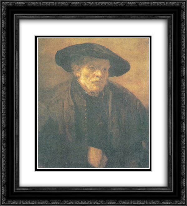 Old man with a Beret 20x22 Black Ornate Wood Framed Art Print Poster with Double Matting by Rembrandt