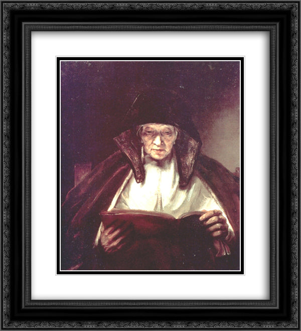 Old Woman Reading 20x22 Black Ornate Wood Framed Art Print Poster with Double Matting by Rembrandt