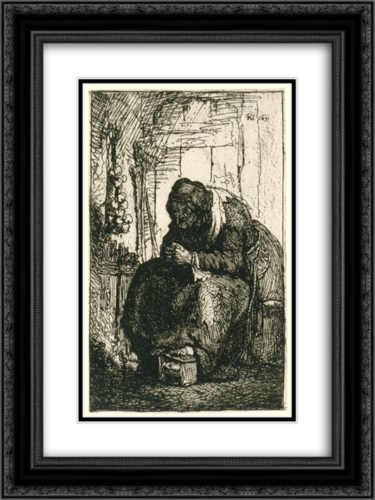 Old woman seated in a cottage with a string of onions on the wall 18x24 Black Ornate Wood Framed Art Print Poster with Double Matting by Rembrandt