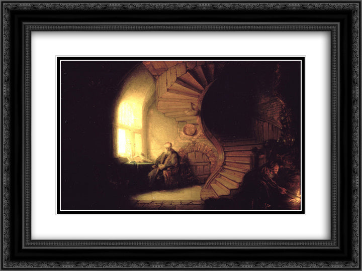 Philosopher in Meditation 24x18 Black Ornate Wood Framed Art Print Poster with Double Matting by Rembrandt