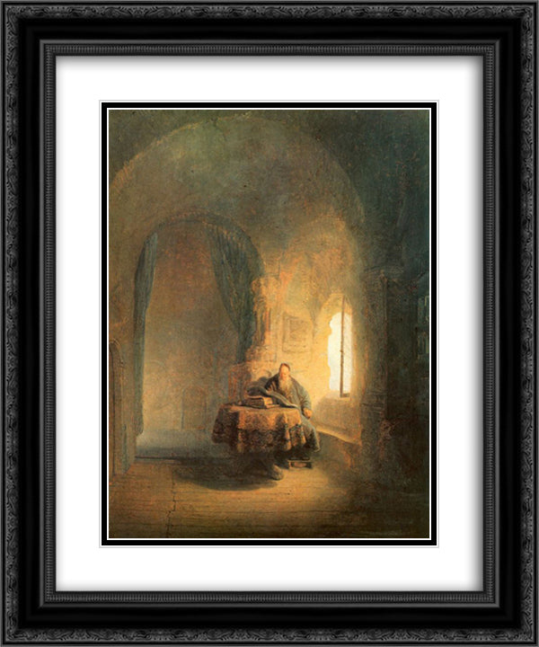 Philosopher Reading 20x24 Black Ornate Wood Framed Art Print Poster with Double Matting by Rembrandt