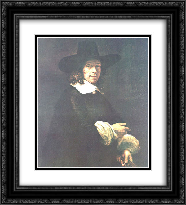 Portrait of a Gentleman with a Tall Hat and Gloves 20x22 Black Ornate Wood Framed Art Print Poster with Double Matting by Rembrandt