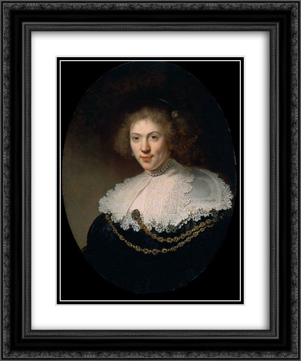 Portrait of a Woman Wearing a Gold Chain 20x24 Black Ornate Wood Framed Art Print Poster with Double Matting by Rembrandt