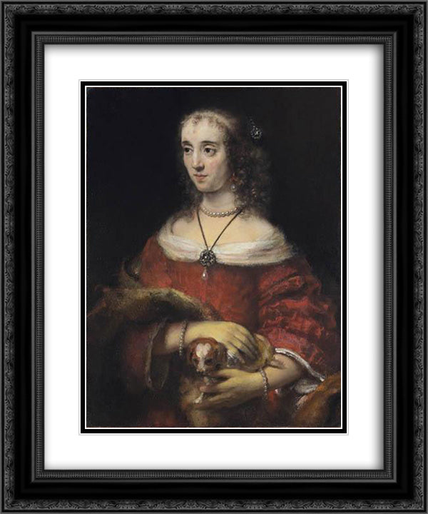 Portrait of a Woman with a Lapdog 20x24 Black Ornate Wood Framed Art Print Poster with Double Matting by Rembrandt