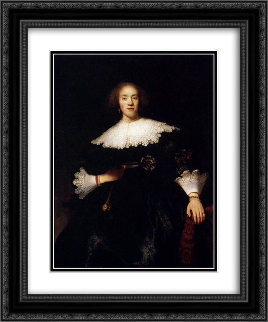 Portrait Of A Young Woman With A Fan 20x24 Black Ornate Wood Framed Art Print Poster with Double Matting by Rembrandt