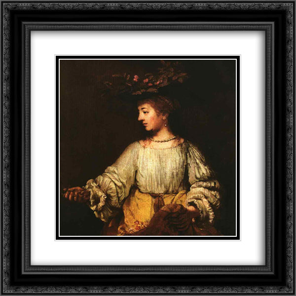 Portrait of Hendrickje Stofells as Flora 20x20 Black Ornate Wood Framed Art Print Poster with Double Matting by Rembrandt