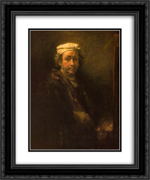 Portrait of the Artist at His Easel, detail of the face 20x24 Black Ornate Wood Framed Art Print Poster with Double Matting by Rembrandt