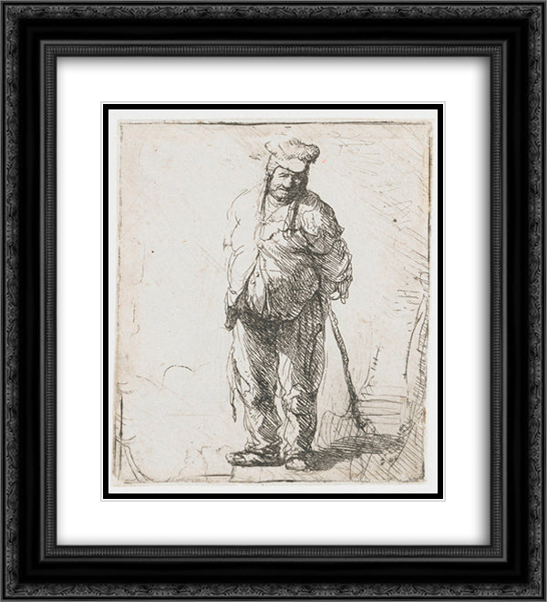 Ragged peasant with his hands behind him, holding a stick 20x22 Black Ornate Wood Framed Art Print Poster with Double Matting by Rembrandt