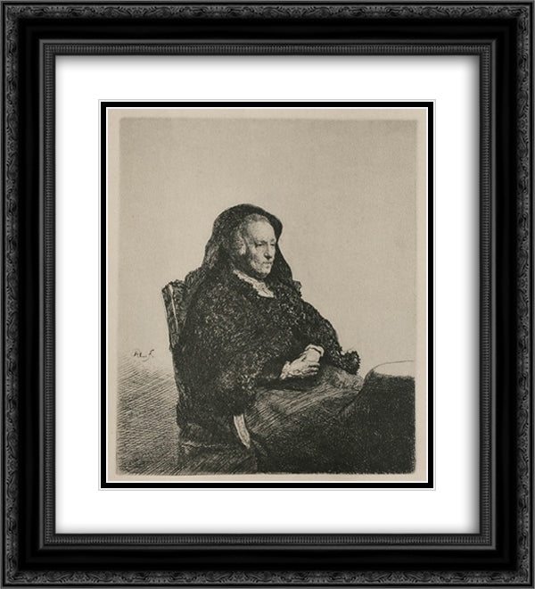 Rembrandt`s Mother, Seated, Looking to the Right 20x22 Black Ornate Wood Framed Art Print Poster with Double Matting by Rembrandt