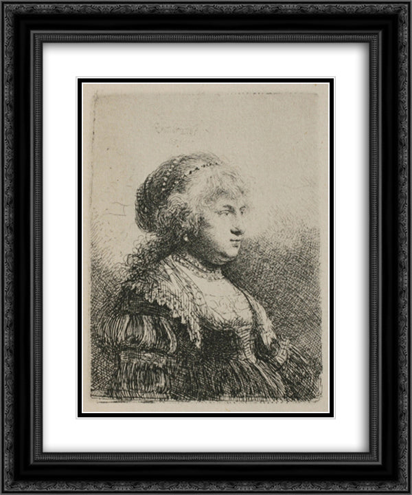 Rembrandt`s Wife with Pearls in her Hair 20x24 Black Ornate Wood Framed Art Print Poster with Double Matting by Rembrandt