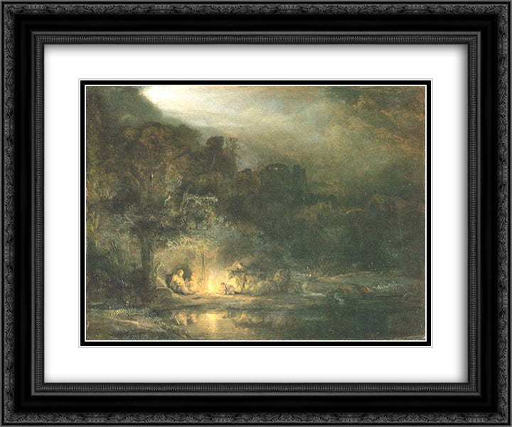 Rest on the Flight to Egypt 24x20 Black Ornate Wood Framed Art Print Poster with Double Matting by Rembrandt