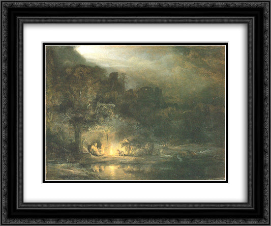 Rest on the Flight to Egypt 24x20 Black Ornate Wood Framed Art Print Poster with Double Matting by Rembrandt