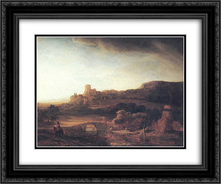 River Landscape with a Windmill 24x20 Black Ornate Wood Framed Art Print Poster with Double Matting by Rembrandt