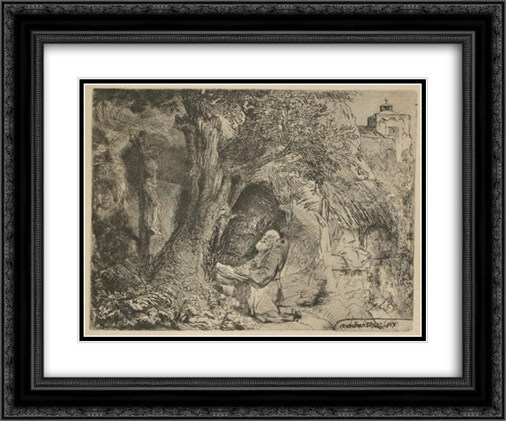 Saint Francis Praying 24x20 Black Ornate Wood Framed Art Print Poster with Double Matting by Rembrandt