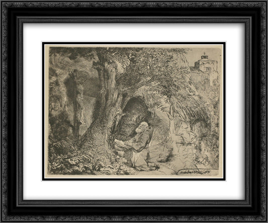 Saint Francis Praying 24x20 Black Ornate Wood Framed Art Print Poster with Double Matting by Rembrandt