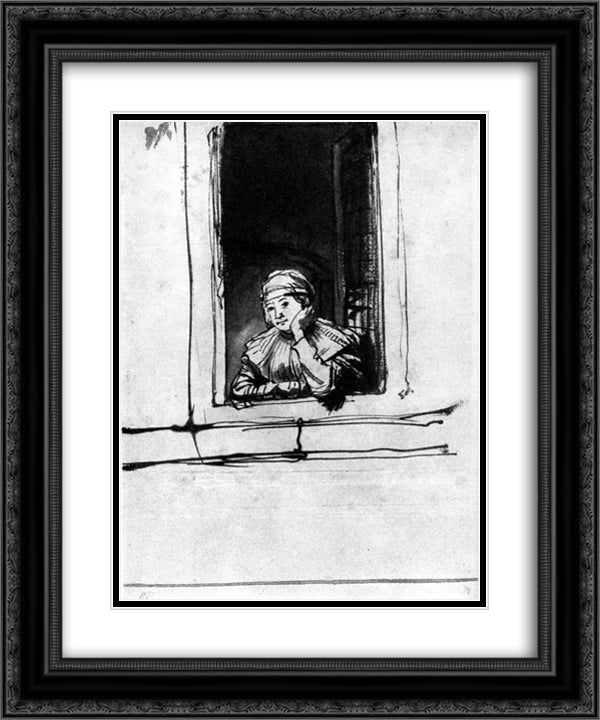 Saskia looking out of a window 20x24 Black Ornate Wood Framed Art Print Poster with Double Matting by Rembrandt