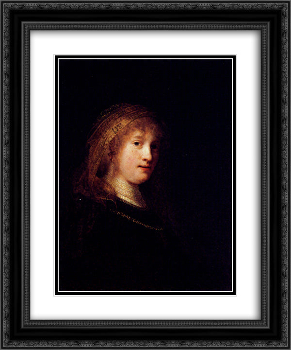 Saskia Wearing A Veil 20x24 Black Ornate Wood Framed Art Print Poster with Double Matting by Rembrandt