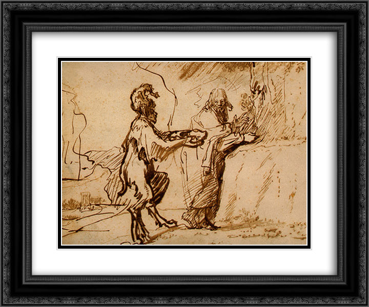 Satan Tempting Christ to Change Stones into Bread 24x20 Black Ornate Wood Framed Art Print Poster with Double Matting by Rembrandt