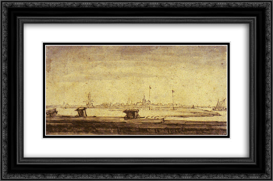 Schellingwou seen from the Diemerdijk 24x16 Black Ornate Wood Framed Art Print Poster with Double Matting by Rembrandt