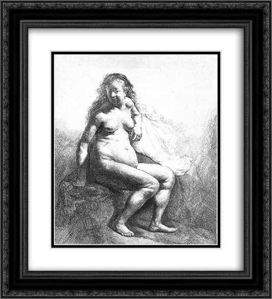 Seated Female Nude 20x22 Black Ornate Wood Framed Art Print Poster with Double Matting by Rembrandt