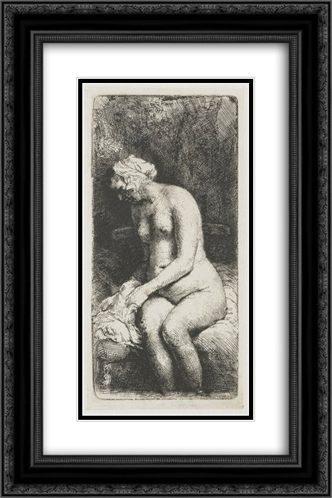 Seated naked woman (Woman bathing her feet at a brook) 16x24 Black Ornate Wood Framed Art Print Poster with Double Matting by Rembrandt