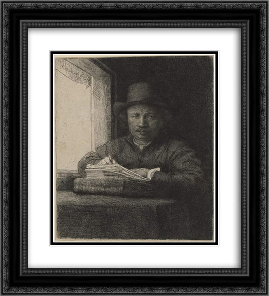 Self-portrait, drawing at a window 20x22 Black Ornate Wood Framed Art Print Poster with Double Matting by Rembrandt