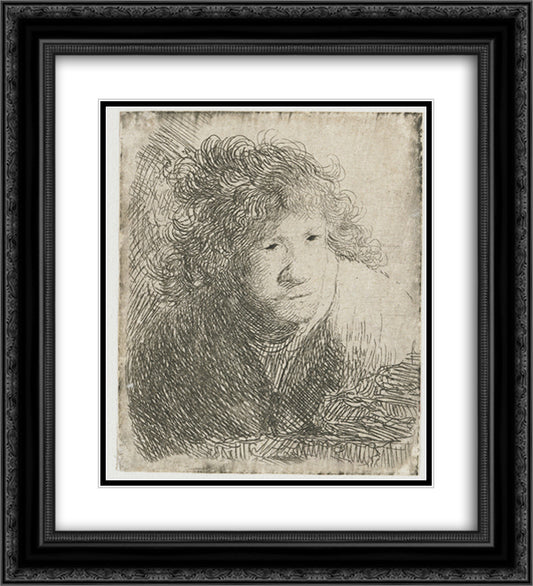 Self-portrait, leaning forward, listening 20x22 Black Ornate Wood Framed Art Print Poster with Double Matting by Rembrandt