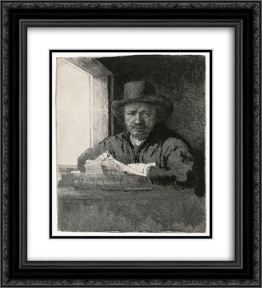 Self-portrait drawing at a window 20x22 Black Ornate Wood Framed Art Print Poster with Double Matting by Rembrandt