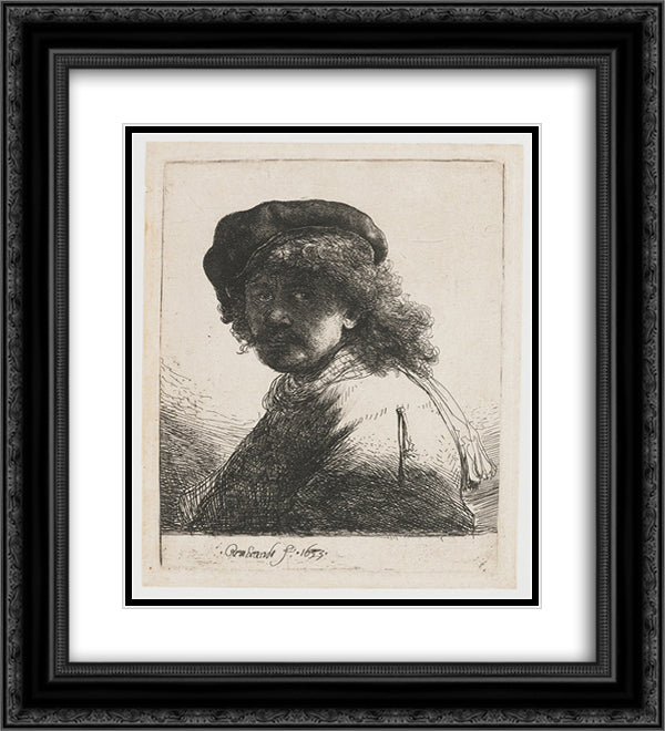 Self-portrait in a cap and scarf with the face dark bust 20x22 Black Ornate Wood Framed Art Print Poster with Double Matting by Rembrandt