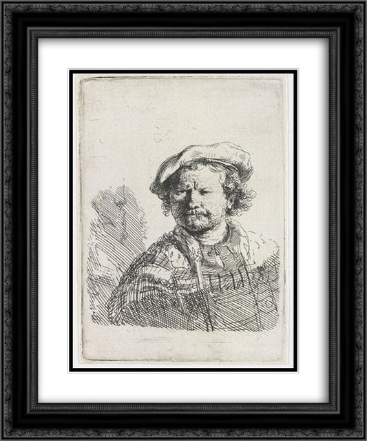 Self-portrait in a flat cap and embroidered dress 20x24 Black Ornate Wood Framed Art Print Poster with Double Matting by Rembrandt