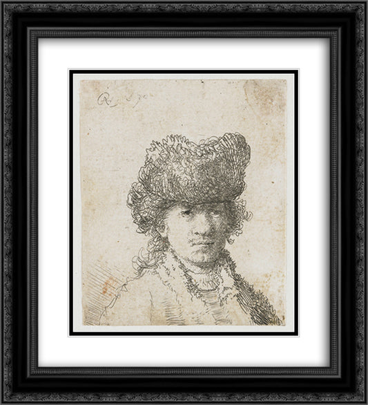 Self-portrait in a fur cap bust 20x22 Black Ornate Wood Framed Art Print Poster with Double Matting by Rembrandt