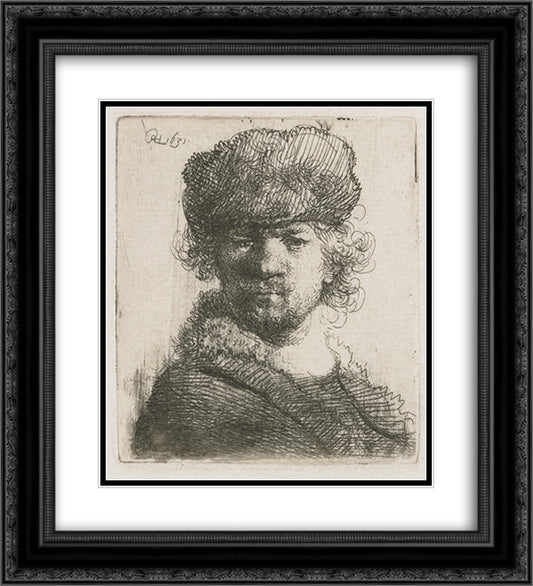 Self-portrait in a heavy fur cap bust 20x22 Black Ornate Wood Framed Art Print Poster with Double Matting by Rembrandt