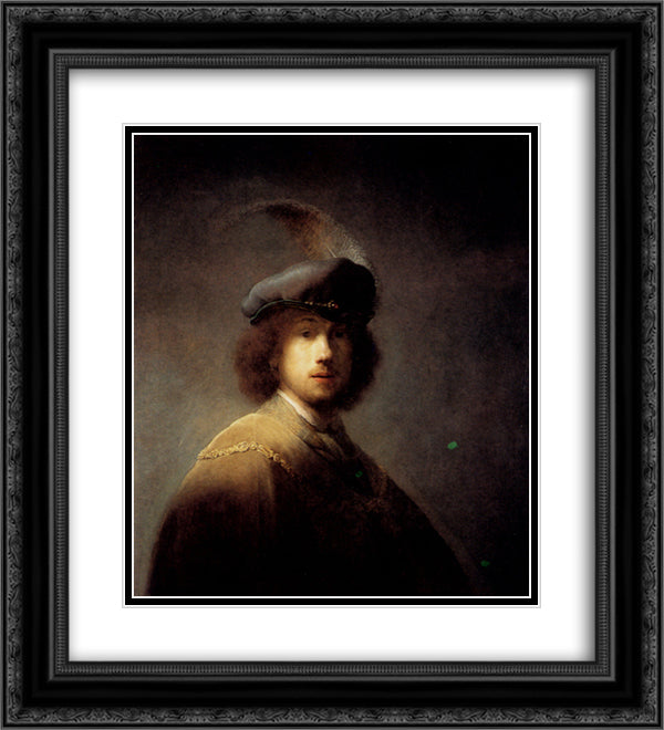 Self-portrait In A Plumed Hat 20x22 Black Ornate Wood Framed Art Print Poster with Double Matting by Rembrandt