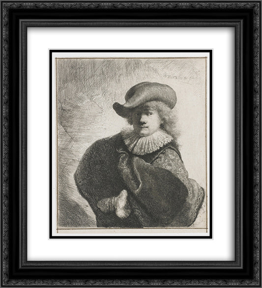 Self-portrait in a soft hat and embroidered cloak 20x22 Black Ornate Wood Framed Art Print Poster with Double Matting by Rembrandt