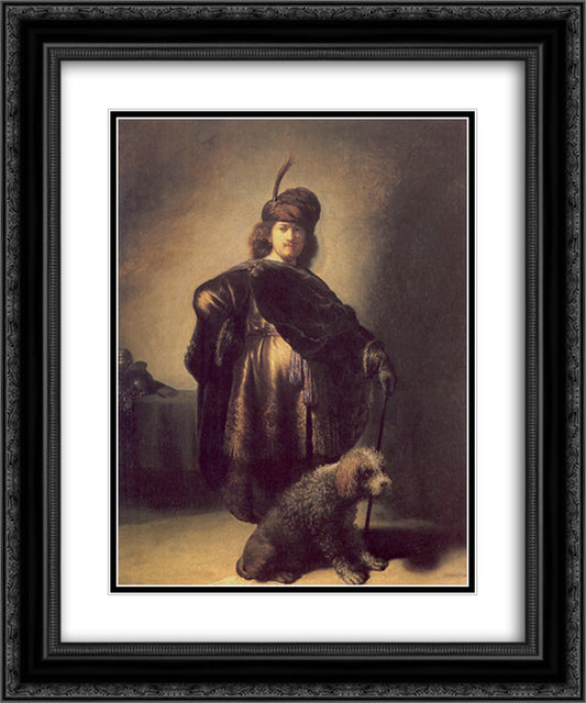 Self-portrait in oriental attire with poodle 20x24 Black Ornate Wood Framed Art Print Poster with Double Matting by Rembrandt