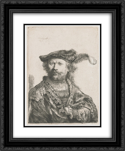 Self-portrait in velvet cap and plume 20x24 Black Ornate Wood Framed Art Print Poster with Double Matting by Rembrandt