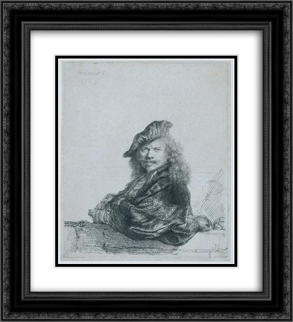 Self-portrait leaning on a stone sill 20x22 Black Ornate Wood Framed Art Print Poster with Double Matting by Rembrandt