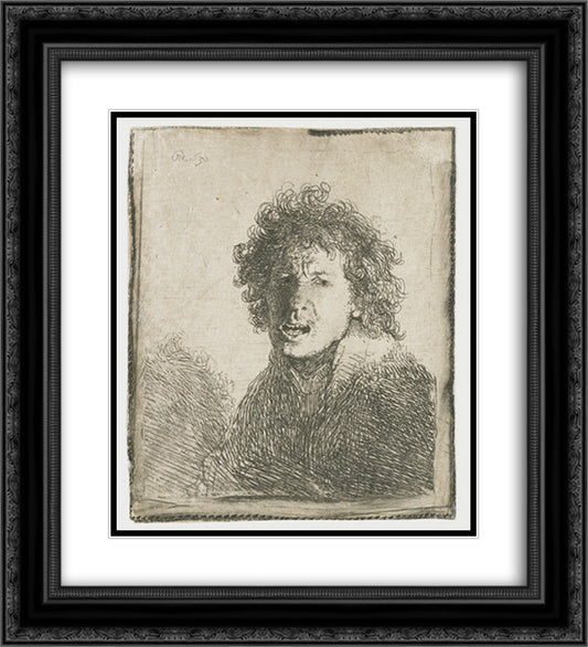 Self-portrait open mouthed 20x22 Black Ornate Wood Framed Art Print Poster with Double Matting by Rembrandt