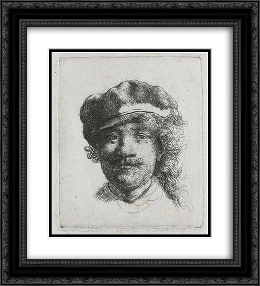 Self-portrait wearing a soft cap full face, head only 20x22 Black Ornate Wood Framed Art Print Poster with Double Matting by Rembrandt