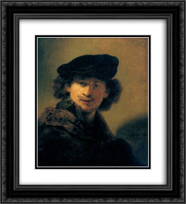 Self-portrait with beret 20x22 Black Ornate Wood Framed Art Print Poster with Double Matting by Rembrandt