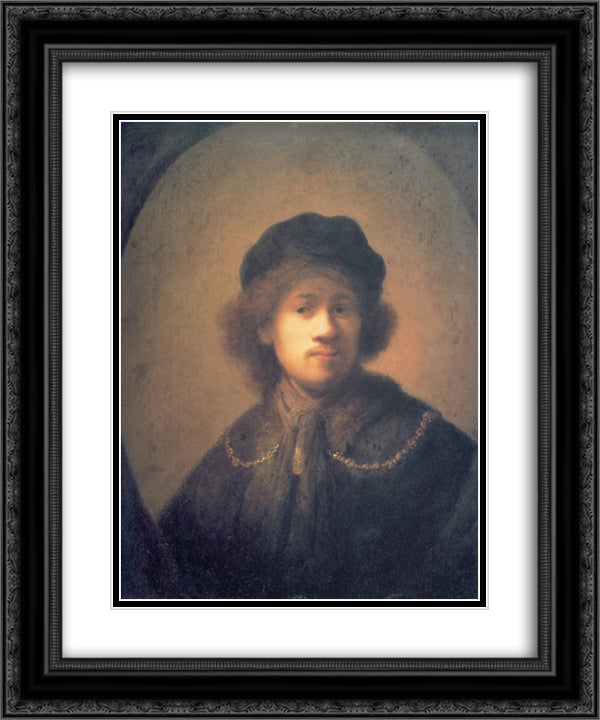 Self-portrait with Beret and Gold Chain 20x24 Black Ornate Wood Framed Art Print Poster with Double Matting by Rembrandt