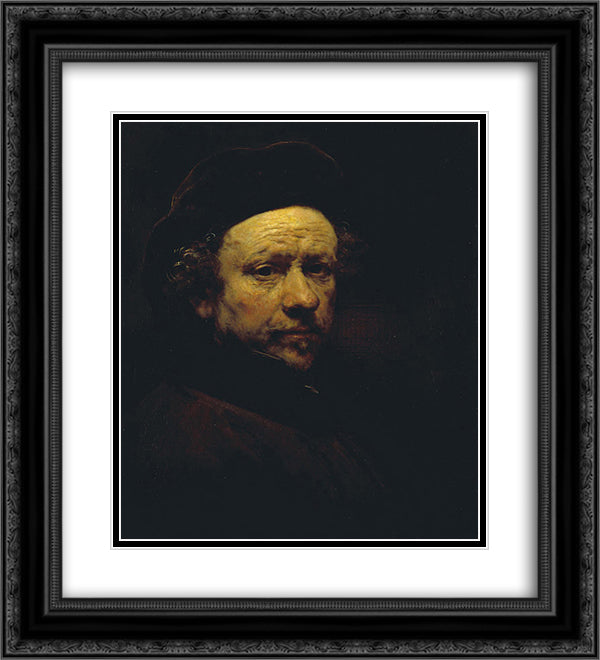 Self-portrait with beret and turned up collar 20x22 Black Ornate Wood Framed Art Print Poster with Double Matting by Rembrandt