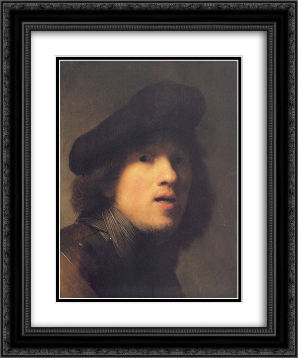 Self-portrait with Gorget and Beret 20x24 Black Ornate Wood Framed Art Print Poster with Double Matting by Rembrandt