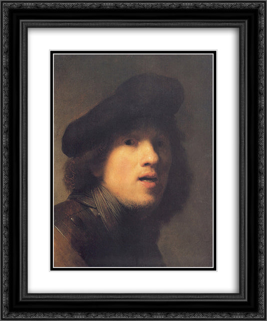 Self-portrait with Gorget and Beret 20x24 Black Ornate Wood Framed Art Print Poster with Double Matting by Rembrandt