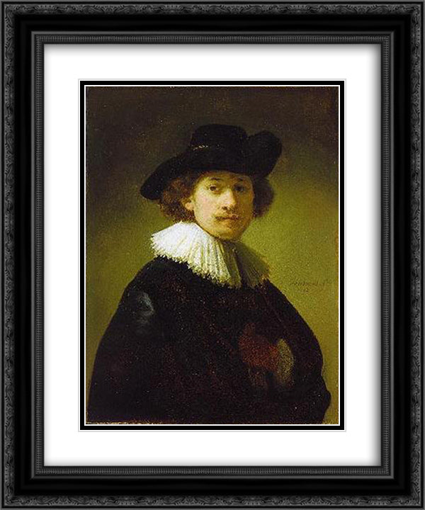 Self-portrait with hat 20x24 Black Ornate Wood Framed Art Print Poster with Double Matting by Rembrandt