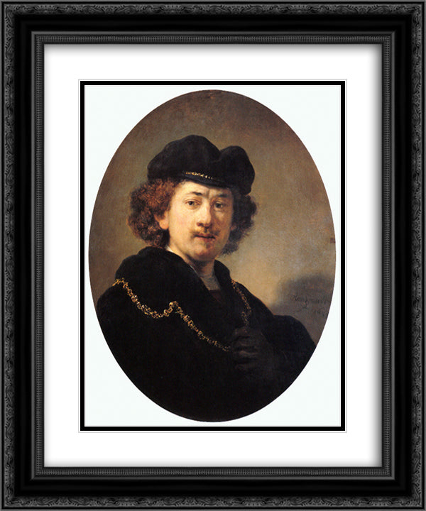 Self-portrait with Hat and Gold Chain 20x24 Black Ornate Wood Framed Art Print Poster with Double Matting by Rembrandt