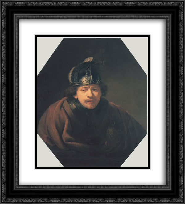 Self-portrait with Helmet 20x22 Black Ornate Wood Framed Art Print Poster with Double Matting by Rembrandt