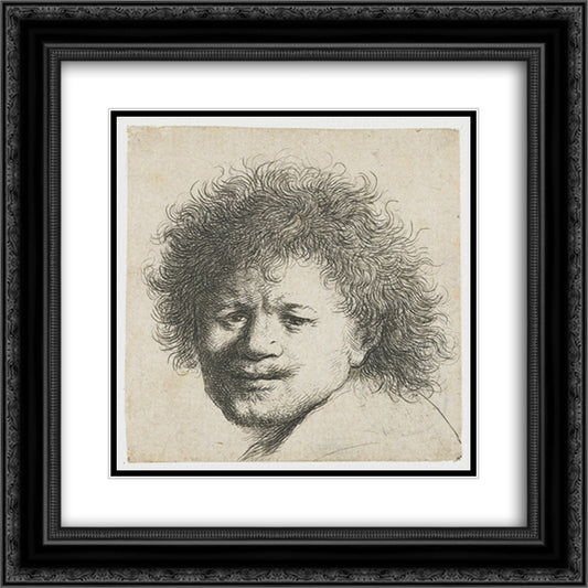 Self-portrait with long bushy hair 20x20 Black Ornate Wood Framed Art Print Poster with Double Matting by Rembrandt