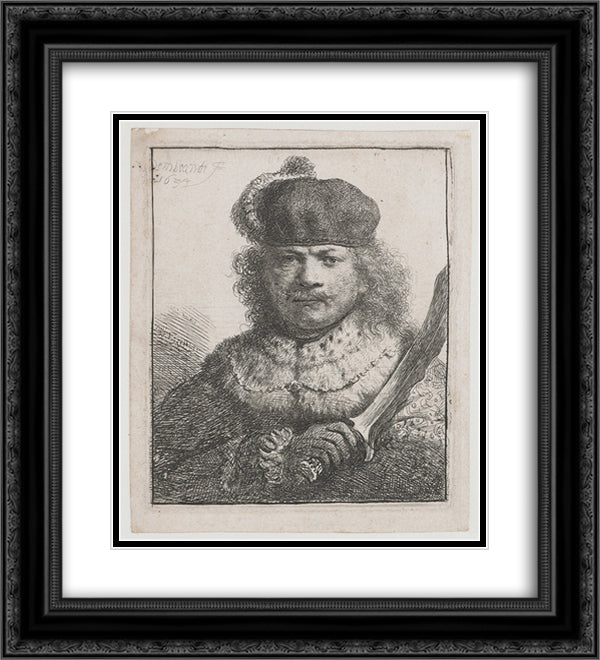 Self-portrait with raised sabre 20x22 Black Ornate Wood Framed Art Print Poster with Double Matting by Rembrandt